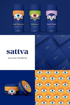 the packaging design for sattva tea blends blue, orange and yellow colors