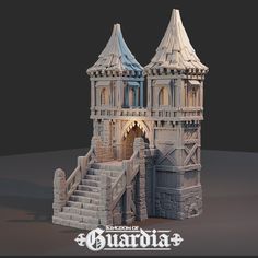 a model of a castle with stairs and turrets on the front, next to a sign that reads quartia