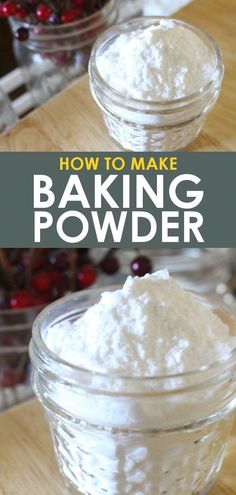 two jars filled with baking powder on top of a wooden table next to cranberries