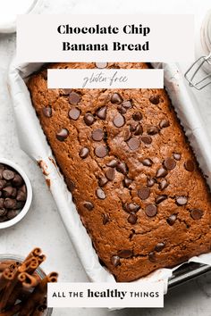 chocolate chip banana bread in a pan with text overlay