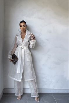 Current Runway Fashion, Organza Coat Dress, Sheer Coat Outfit, Organza Top And Pants, New Jumpsuit Designs, Organza Pant Design, Clothes With Pockets, Styling Sheer Dress, How To Style A Long Dress