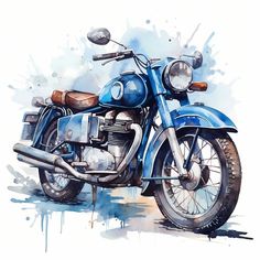 a blue motorcycle painted in watercolor on a white background