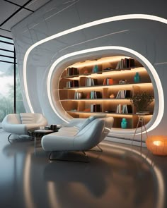 a living room filled with furniture and a book shelf