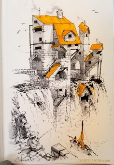 an ink drawing of a house with orange roofs and yellow sailboats in the water