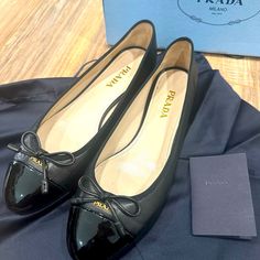 Authentic Prada Ballet Flats Worn Once Includes Box And Dusters For Shoes Soft Leather With A Patent Leather Toe Shoes Soft, Dusters, Flats Shoes, Shoes Color, Prada Shoes, Ballet Flat Shoes, Ballet Flats, Soft Leather, Patent Leather