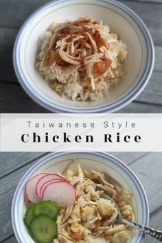 two bowls filled with rice, meat and veggies on top of each other