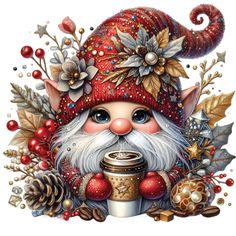 a christmas gnome holding a cup of coffee