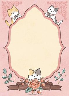 a pink background with two cats and flowers on it, in the center is an ornate frame