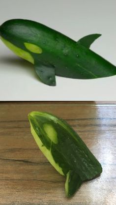 two pictures one with a cucumber and the other with a leaf