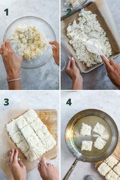 steps to make rice krispy treats on a cutting board and then being cut into cubes