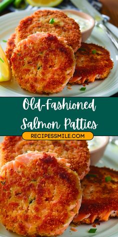 salmon patties on a plate with lemon wedges in the background and text overlay that reads old - fashioned salmon patties