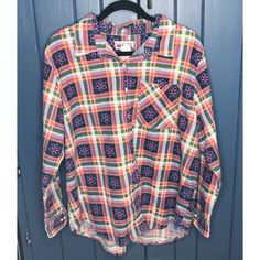 Vintage Bright Colors Flower Stars Plaid  Flannel Shirt XL 2XL Granny Farmcore Plaid Flannel Shirt, Plaid Flannel, Flannel Shirt, Womens Clothing Tops, Bright Colors, Plaid, Stars