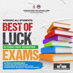 an advertisement for the best of luck in their first selveser exam, with books stacked on top of each other