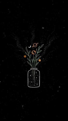 flowers in a jar on a black background with stars and moon falling down the side