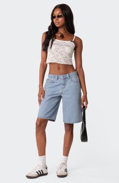 Perfectly baggy and nonchalant, these nonstretch-denim shorts exude throwback style with utility pockets and a superlow-rise waist. 100% cotton Hand wash, dry flat Imported Long Jean Shorts Outfit, Long Denim Shorts Outfit, Pink Y2k Outfit, Long Jean Shorts, Long Denim Shorts, Jean Short Outfits, Denim Shorts Outfit, Y2k Outfit Ideas, Carpenter Shorts