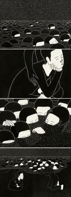 two black and white drawings of people sitting in the water with their hands on their heads