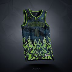 a basketball jersey with flames on the front and back in black, green and yellow