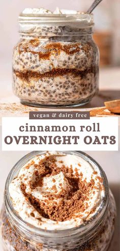 cinnamon roll overnight oats in a glass jar with cinnamon on top and the recipe below