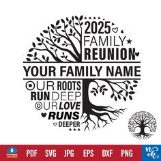 a family tree with roots and the words your family name is in black on a white background