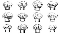 six different types of chef's hats in black and white ink on a white background