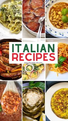 the collage shows different types of pasta and other dishes with italian words above them