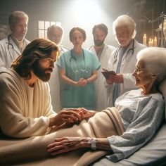 a group of doctors standing around a woman in a hospital bed with her hand on the man's chest