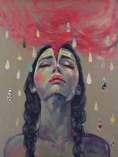 a painting of a woman with her eyes closed and head in the air, surrounded by rain drops