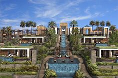 an artist's rendering of a resort with pool and palm trees in the background