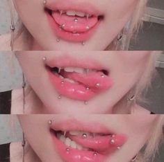 three pictures of the same woman's mouth with piercings on her nose and lips