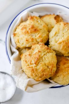 biscuits in a blue and white bowl on a table