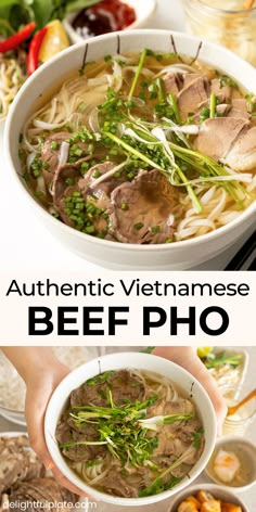 two pictures with different types of beef pho soup in them and the text authentic vietnamese beef pho