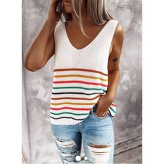 *Size Medium *Sleeveless *Multi Knit Tank Top *New With Tags *100% Acrylic *White With Horizontal Rainbow Striped Colors E Striped Jersey, V Neck Tank Top, Plus Size Tank Tops, Casual Stripes, Knit Tank, Knitted Tank Top, Knit Vest, Striped Blouse, Color Stripes