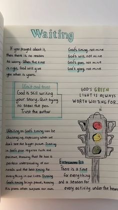 an open notebook with writing on it and a drawing of a traffic light next to it