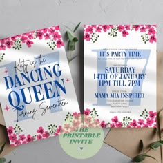 two cards with pink flowers on them and the words dancing queen written in blue ink