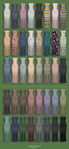 an assortment of different colored dresses on a green background