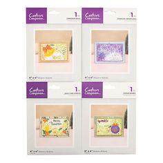 four cards with different designs on the front and back of each card, one is purple