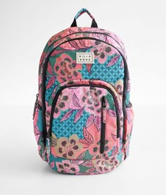 Billabong Roadie Backpack - Pink/Blue , Women's Multi Floral print canvas lined backpack Zipper closures Interior padded laptop sleeve Adjustable cushioned shoulder straps Dimensions: 13(L) x 7(W) x 17(H). Body/Lining: 100% Polyester. Do not wash. Do not bleach. Do not tumble dry. Do not iron. Do not dry clean. Apparel & Accessories Billabong Backpack, Cute Backpacks For School, Lululemon Backpack, Stylish School Bags, Orange Backpacks, Trendy Backpacks, Floral Backpack, Backpack For Women, Medium Backpack