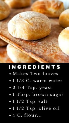 the ingredients for homemade bread are displayed on a wooden cutting board with text overlay