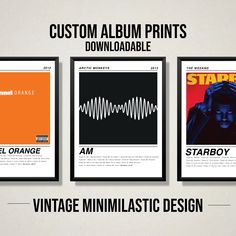 three vintage starboy movie posters with the words custom album prints in black and orange