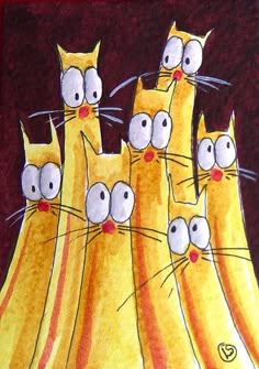 a drawing of five yellow cats with big eyes and one cat's head sticking out