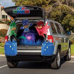 an suv with the back door open and three cartoon characters on it's trunk