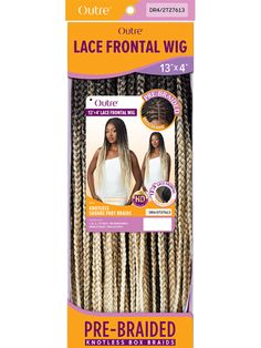 Pre-braided KNOTLESS SQUARE PART BRAIDS Lace Front Wig. Heat resistant fiber. Color shown is DR4/2T27613. 13x4 lace frontal. No plucking required. Transparent HD lace. Baby hair included. Hair is safe to curl or flat iron up to 400F. Comes with average size cap and adjustable straps. Cap comes with front and back combs. Manufactured by Outre. Back Combing, Hd Lace Frontal, Frontal Wig, Hd Lace, Lace Frontal Wig, Lace Front Wig, Baby Hair, Flat Iron, Frontal Wigs