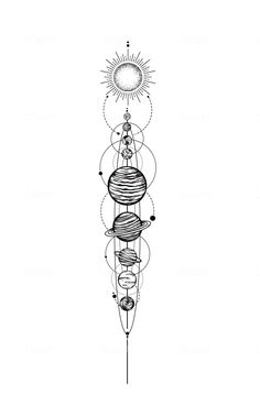 an ink drawing of the sun and planets