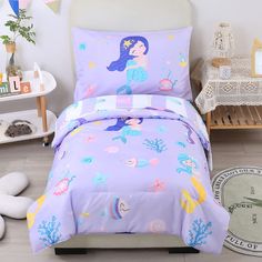 PRICES MAY VARY. MATERIAL: 100% Microfiber. Our microfiber material has a super soft and smooth feel, extremely cozy and breathable. Good sleep is significant for a baby's growth and development. Our toddler bedding set give gentle care of babies at sleep, and make babies healthy sleep. SET INCLUDE: This Mermaid comforter set includes a comforter (57'' x 42''), a flat sheet (60'' x 45''), a fitted sheet (52'' x 28'') and a reversible pillowcase (30'' x 20''). The fitted sheet is made to fit a st Mermaid Comforter, Ocean Fishes, Reversible Pillowcase, Toddler Bed Girl, Cartoon Mermaid, Mermaid Girls, Toddler Comforter, Creative Elements, Toddler Bedding