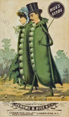 an advertisement for rice's seed, featuring two men dressed in green coats and hats