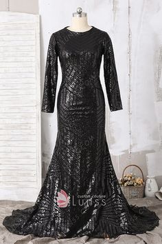 Elegant and classic, this black stripe pattern sequin mermaid prom dress features round neckline, long sleeves bodice with fully closed back and medium length train. Mermaid Prom Gown, Sequin Mermaid Dress, Custom Made Prom Dress, Mermaid Gown Prom, Gown For Prom, Sparkly Prom Dresses, Prom Dresses Long Mermaid, Sequin Sleeve, Long Sleeve Dress Formal