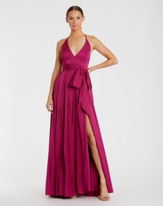 Charmeuse Halter Strap Soft Tie Waist Gown Silk Halter Neck Prom Gown, Floor-length Tie Back Gown For Gala, Satin V-neck Gown With Back Opening, Floor-length Halter Dress With Tie Back For Prom, Satin Gown With Tie Back For Gala, Box Pleated Skirt, Mac Duggal Dress, Magenta Dress, Charmeuse Fabric