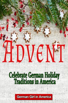 an advert for the german holiday celebrations in america, with cookies and holly branches