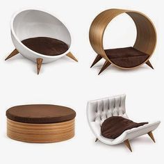 four different types of modern furniture including a chair, ottoman and dog bed with cushions