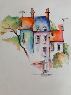 a drawing of a house with trees in the foreground and watercolor on paper